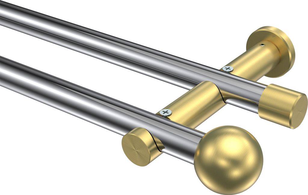 Interdeco Gardinenstange / Vorhangstange Chrom / Messing-Optik, Typ Platon Luino (Kugel) ohne Ringe, 20 mm Ø 2-läufig, 320 cm