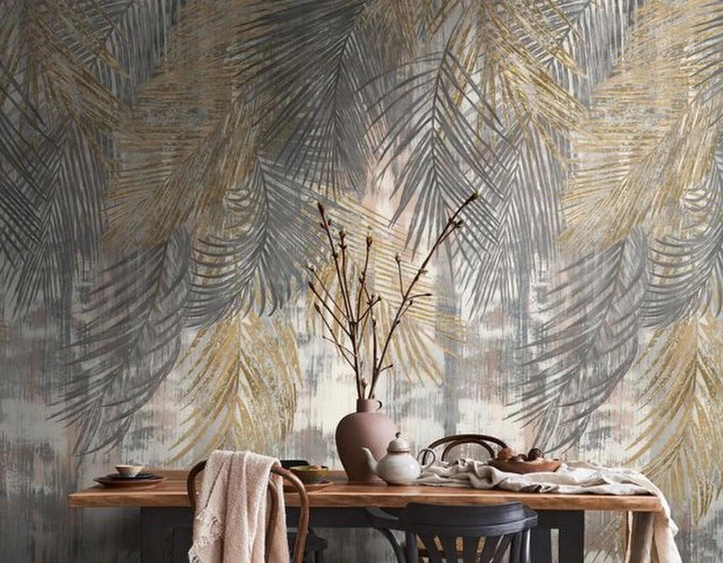 Unyqoos Exotische Nicht-gewebte Tapete mit Palmblättern in Gold, Beige und Weiß für jeden Raum