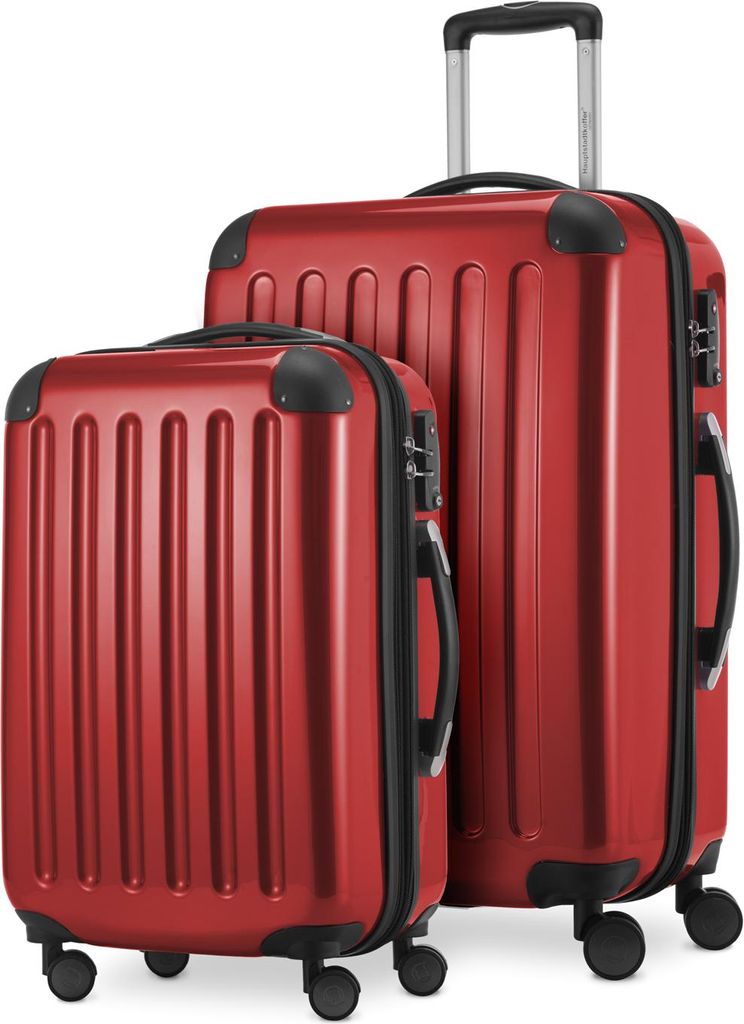 Alex - 2er Set Handgepäck + Mittelgroßer Koffer, Kofferset Resekofffer Trolleys Hartschale Polycarbonat glänzend,Rot