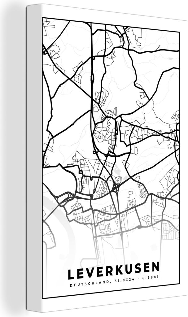 OneMillionCanvasses - Leinwandbilder - 90x140 cm, Karte - Leverkusen - Karte - Stadtplan, Wandbilder Kunstdruck Wanddekoration - Foto auf Leinwan...