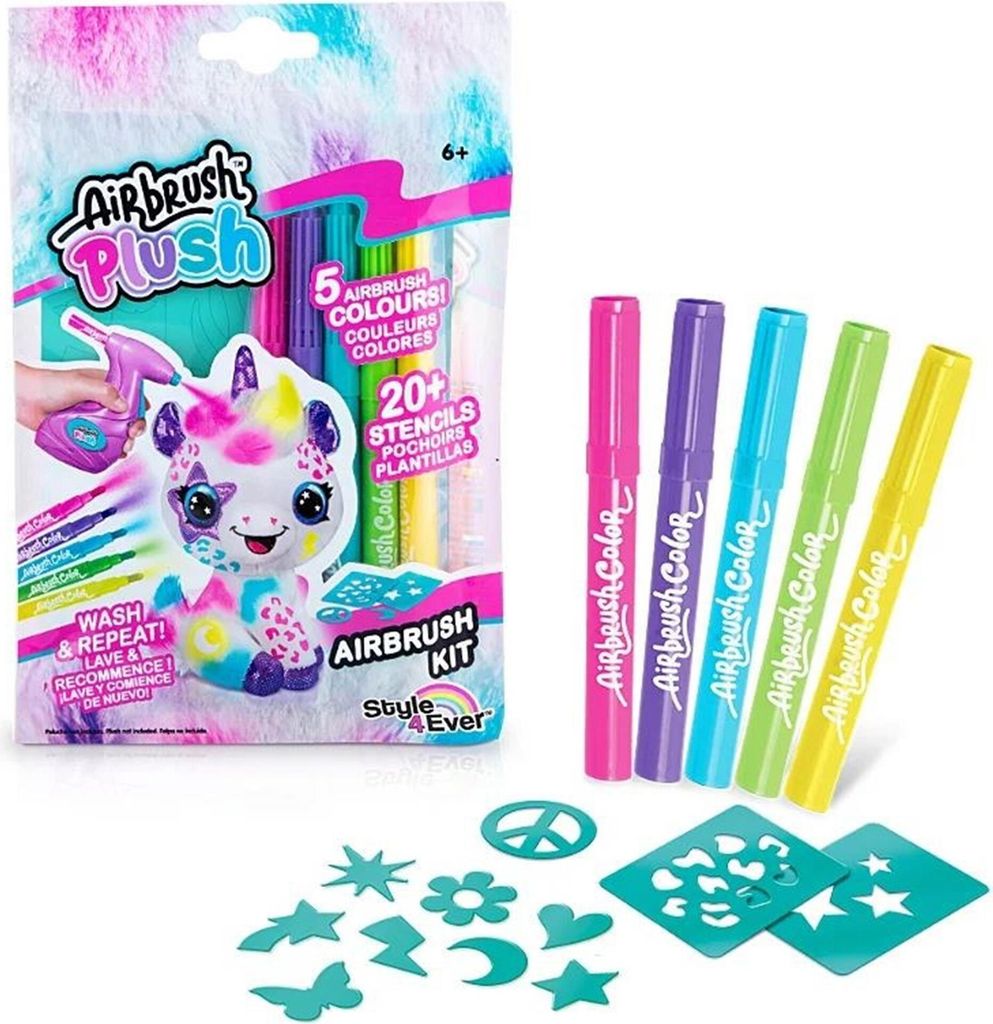 A product packaging for an Airbrush Plush kit, showing the plush toy, markers, and stencils.