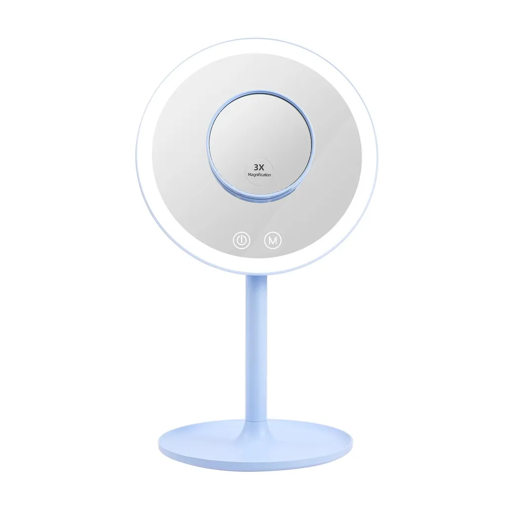 Specchio cosmetico EMKE LED con 3 colori di luce, ingrandimento 1/3x, interruttore a sfioramento e funzione di memoria, lente d'ingrandimento per specchio da bagno (azzurro)