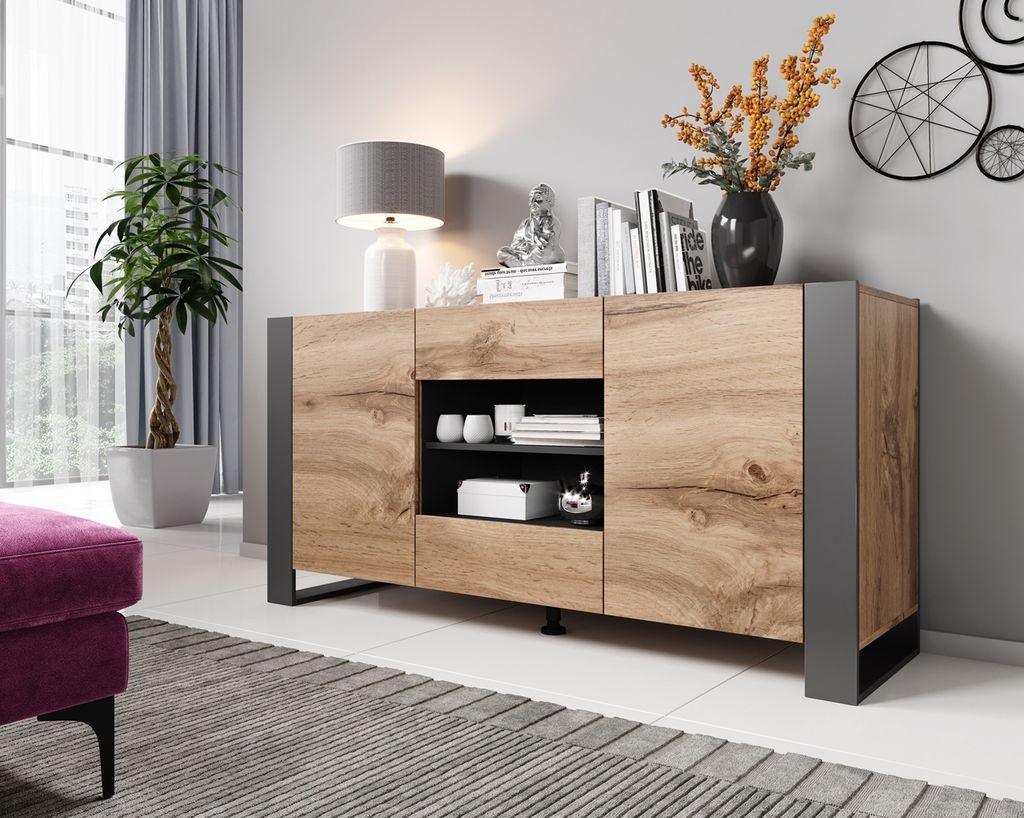 Kommode Sideboard WOOD eiche wotan / anthrazit Breite 164cm Wohnzimmerschrank mit 2 Schubladen und Türen