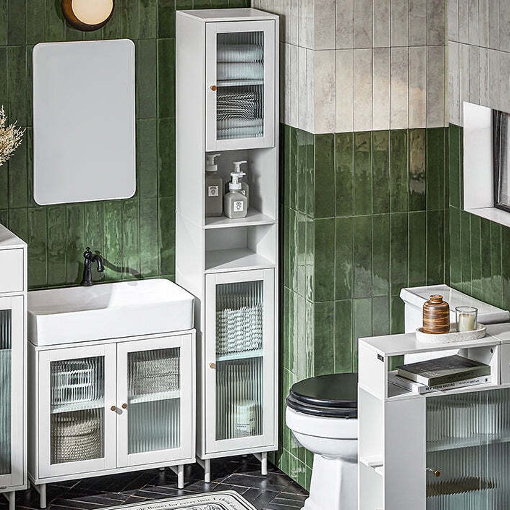 Badezimmer-Schrank - Wasserbeständige Metallfüße - Verstellbare Glasplatten - MDF und Glas - 30 x 171 x 30 cm