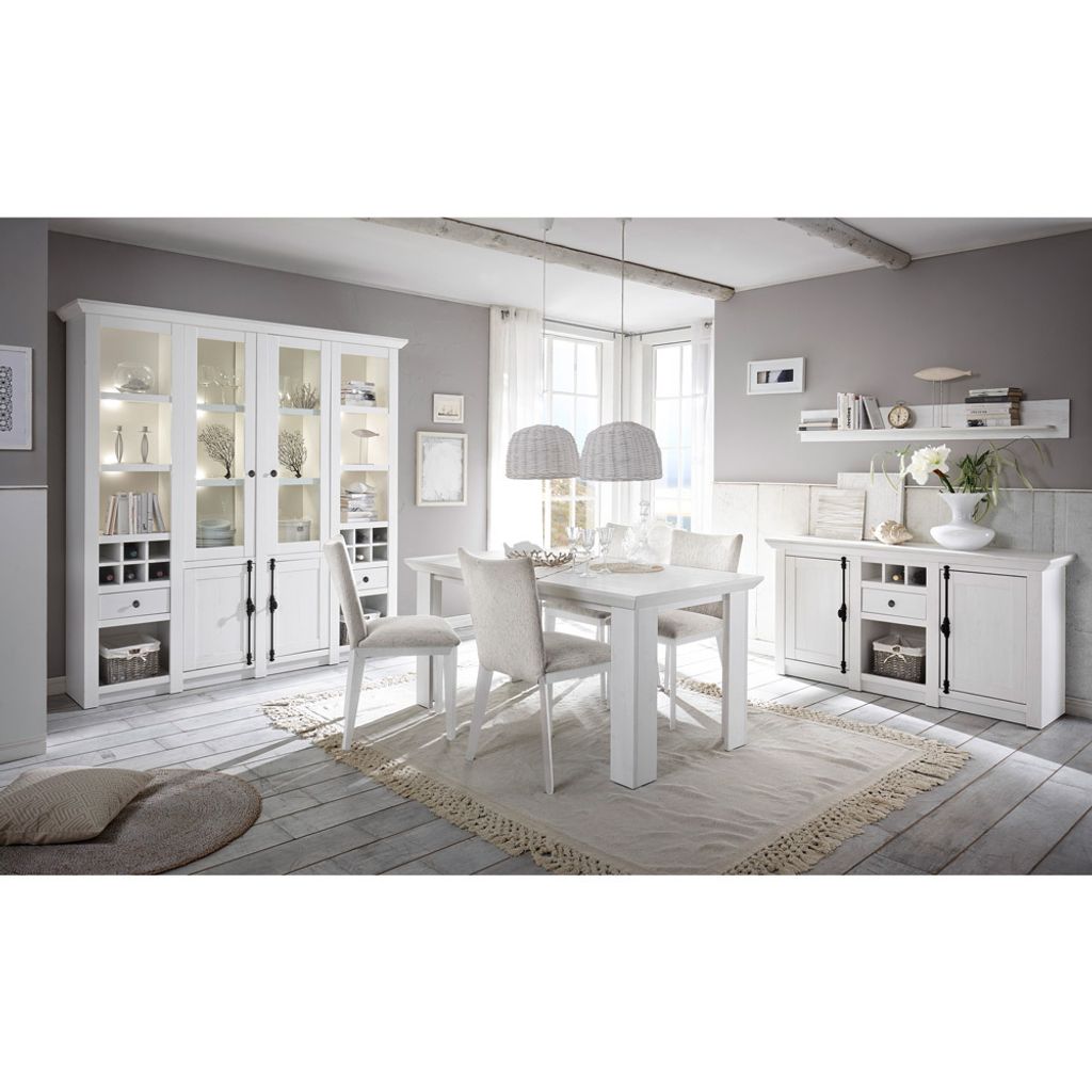 Esszimmer-Kombination WINGST-61 im Landhaus-Stil Pinie weiß Nb. mit großem Buffet inkl. LED (ohne Stühle)