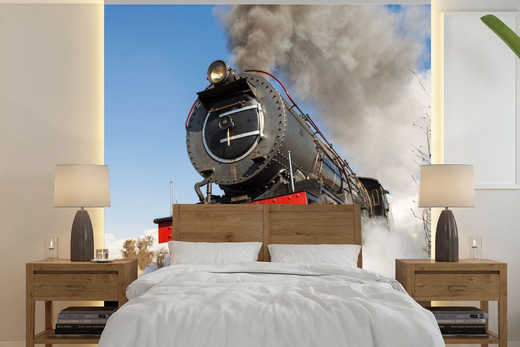 MuchoWow Fototapete für Wohnzimmer oder Schlafzimmer Wandtapete Vinyl Motivtapete Ein dunkler Dampfzug an einem sonnigen Nachmittag in Südafrik...