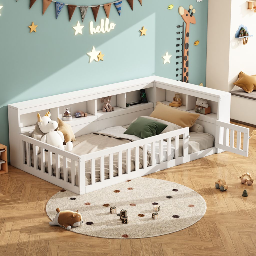 A child's bedroom with a white floor bed, toys, and decorations.