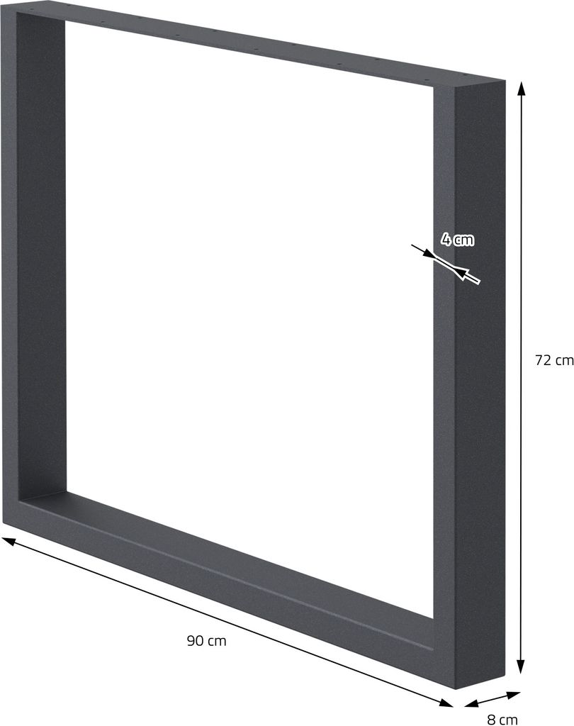 A single dark gray metal table leg frame with dimensions indicated.