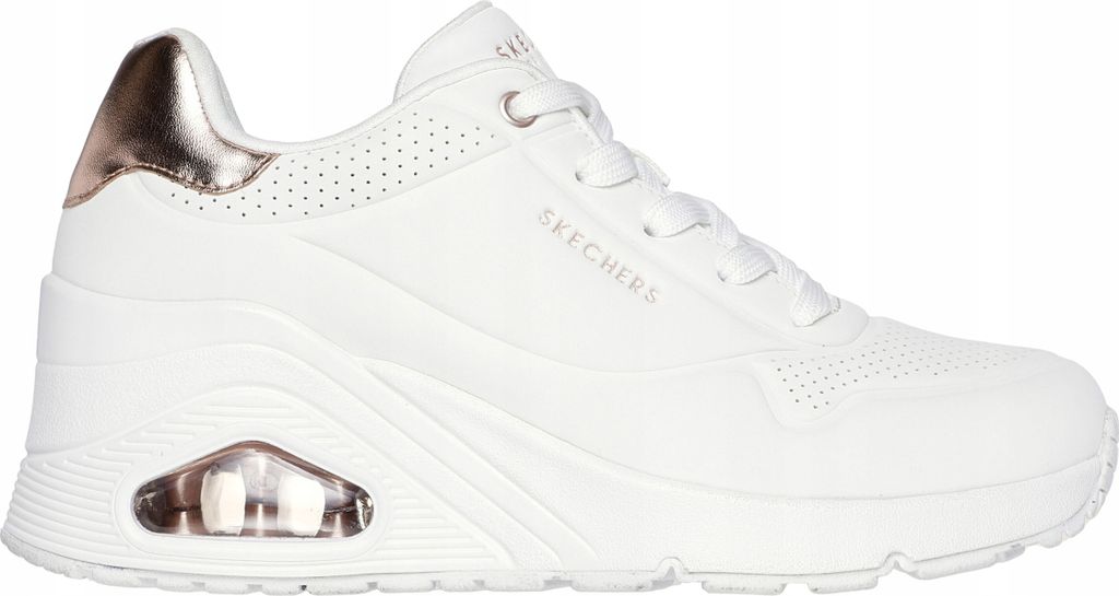 A white SKECHERS UNO WEDGE-HI STEPS sneaker with rose gold accents is shown from the side against a white background.