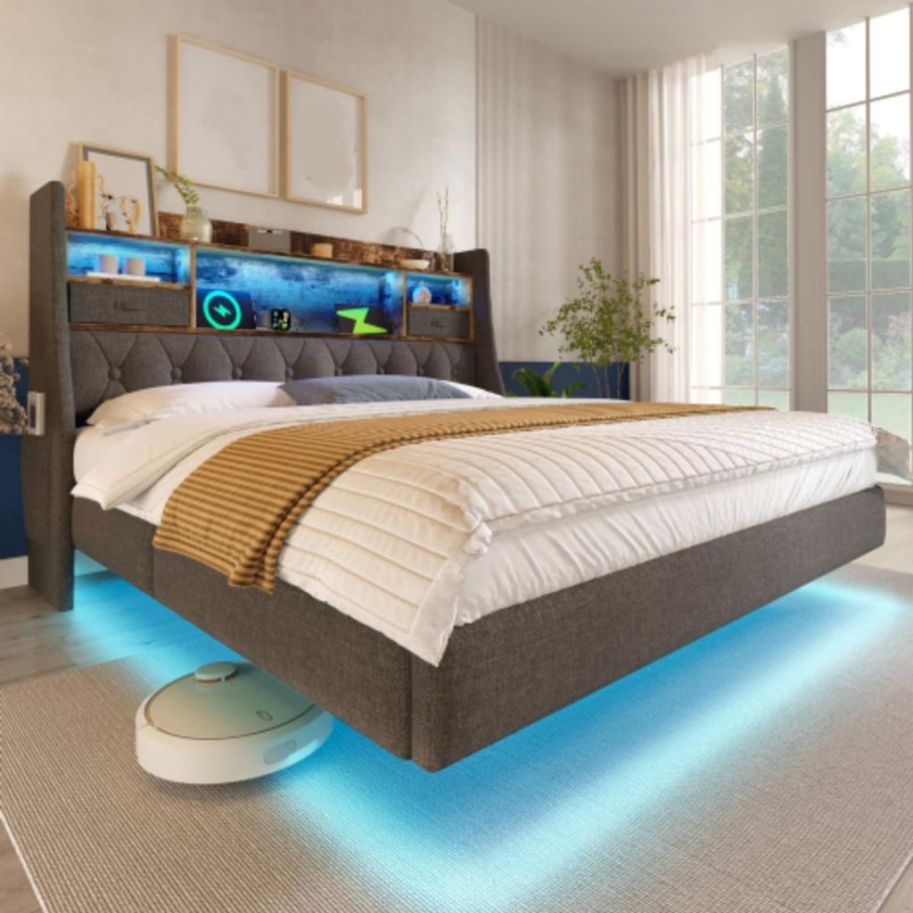 Polsterbett mit LED-Beleuchtung, Kopfteil und Ladestation(1 Type-C, 3 USB-Anschlüsse), Doppelbett mit Stauraum-Kopfteil und lattenrost (Ohne Matra...