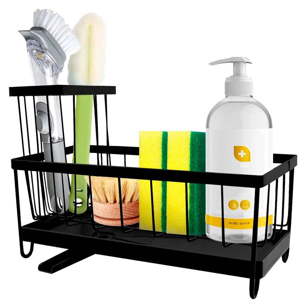 Spülbecken Organizer Küchen, Edelstahl Küchen-Organizer mit Selbstentleerender Ablaufwanne for Schwammhalter, Schwarz Sink Caddy für Spülschwa...