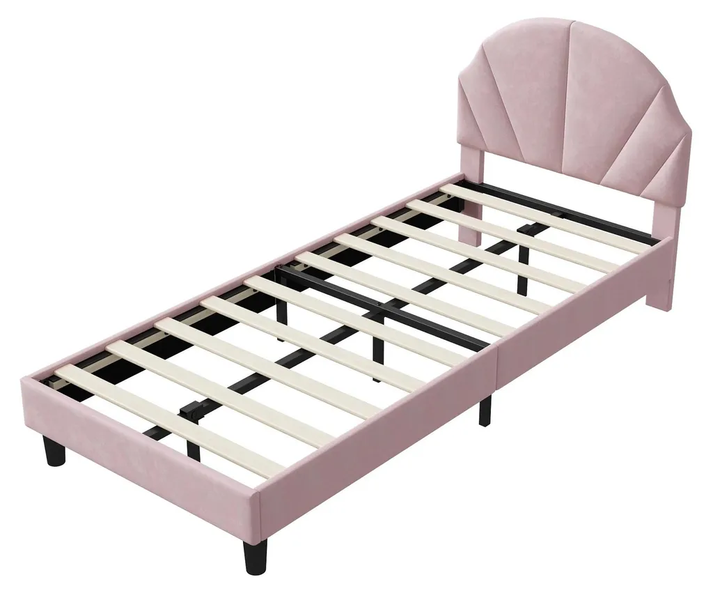 Lit d'enfant 90x200 rose en velours avec sommier à lattes style princesse