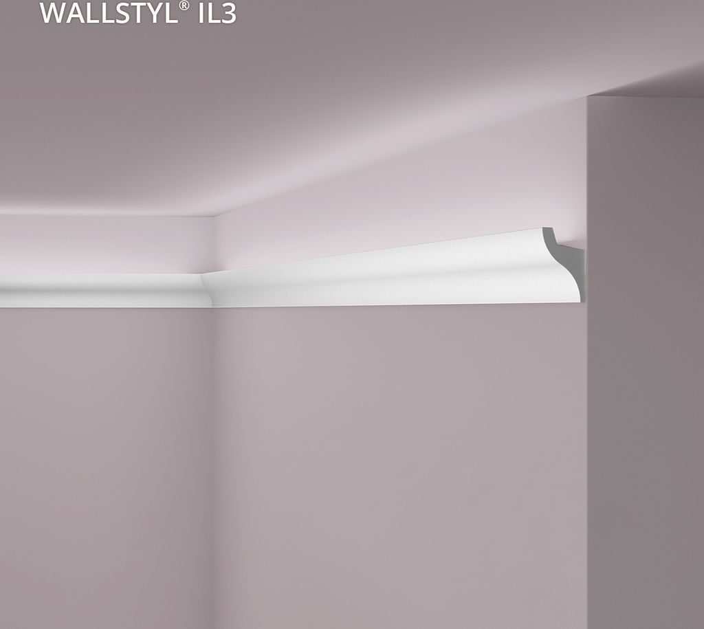 A corner of a room showing crown molding installed at the junction of a wall and ceiling.