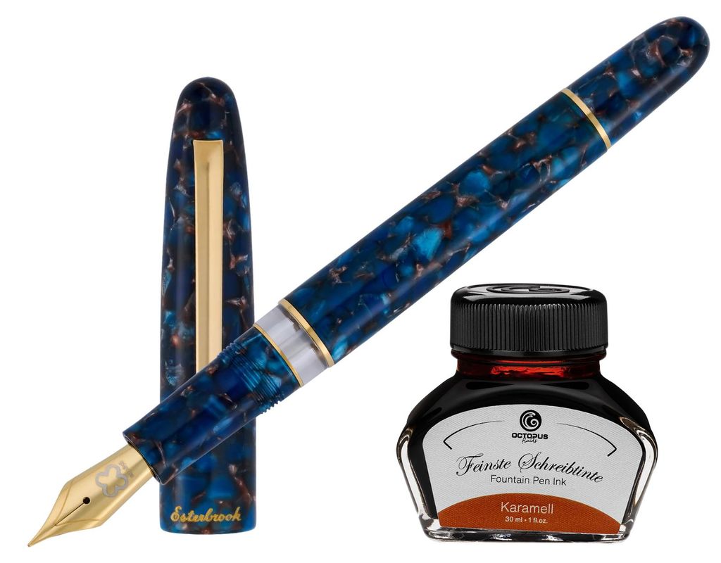Esterbrook Estie Nouveau Blue Gold Trim Button Fill Füllhalter, Vakuumfüllhalter mit 30ml Tinte Karamell