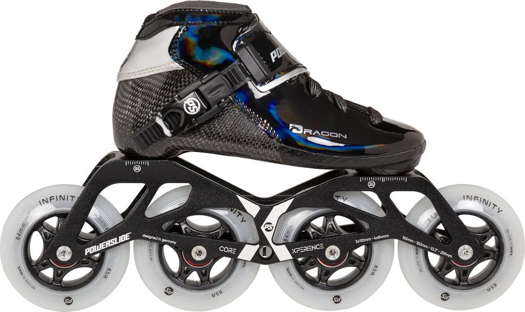 Powerslide Dragon Black 84 Kinder Karbon Inline Skate, für Racing, 2in1 Alu Frame, Infinity Rolle, ABEC 9