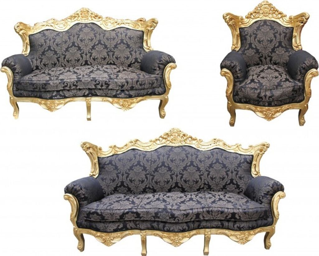Casa Padrino Barock Wohnzimmer Set Schwarz Muster/ Gold - 3er Sofa+2er Sofa + 1 Sessel