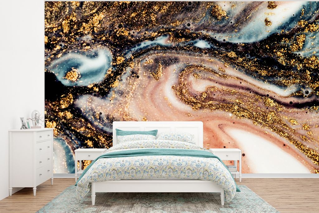 MuchoWow Fototapete für Wohnzimmer oder Schlafzimmer Wandtapete Vinyl Motivtapete Marmoroptik - Gold - Schwarz - Glitzer - Chic - 375x280 cm - S...