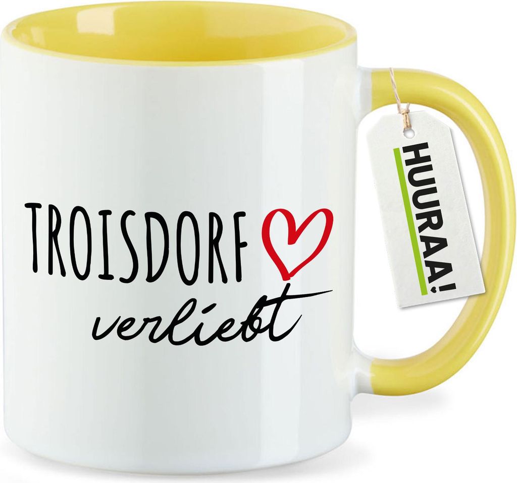 Huuraa Kaffeetasse Troisdorf verliebt 330ml Gelb Keramik Kaffeebecher Geschenkidee