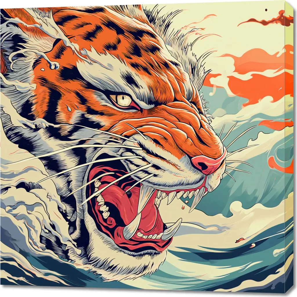 Tableau Tigre sur la vague 90x90 cm - Habillez vos Murs avec Élégance