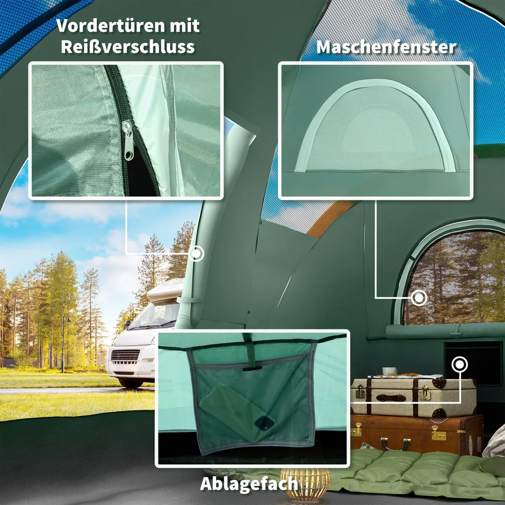 Tente de camping 5 places 4,55m en polyester avec structure renforcée