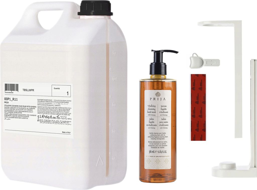 PRIJA Badezimmer-Set: weißer Flaschenhalter, Flüssigseife mit Ginseng 380ml + 5l Vorrat