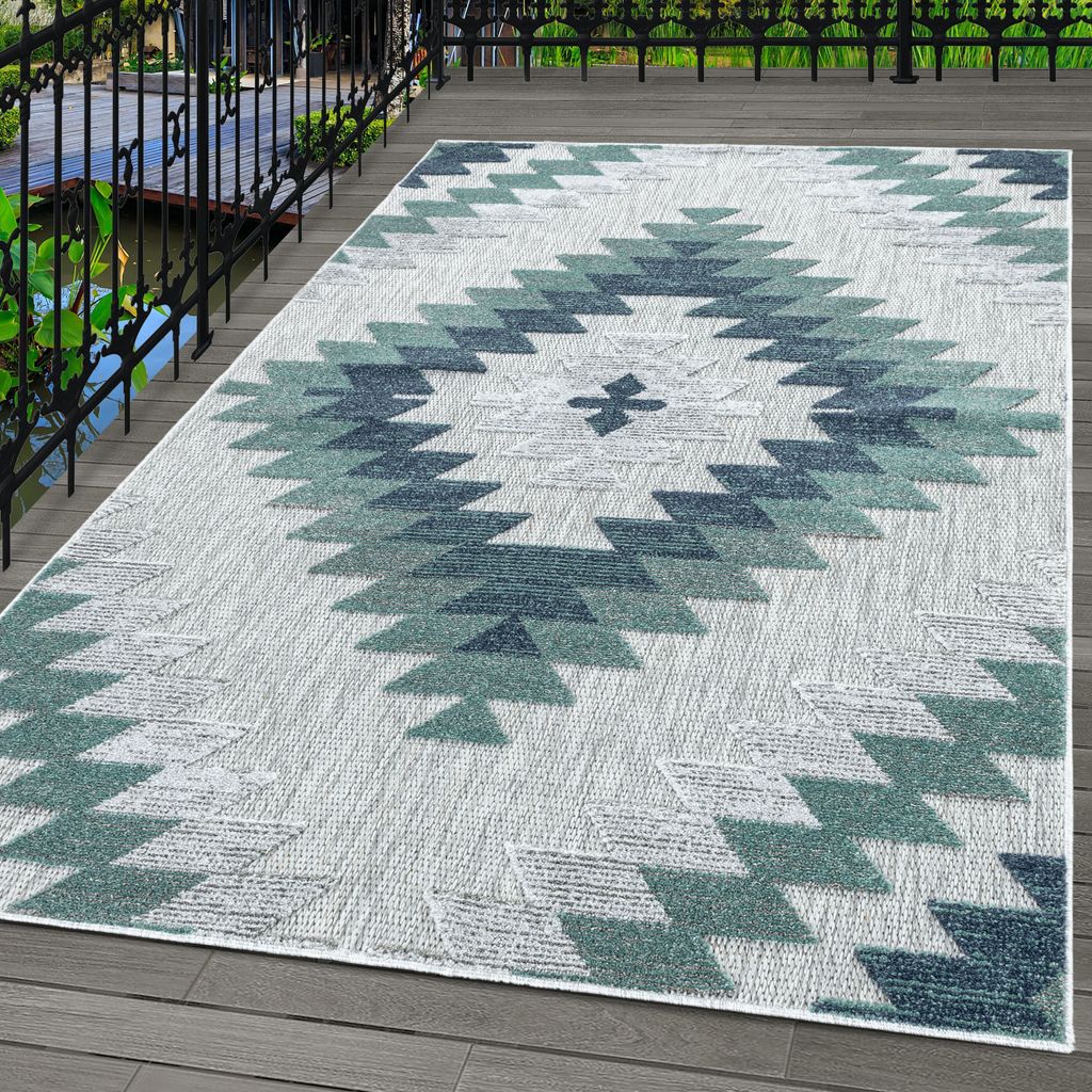 Indoor & Outdoor Teppich Wetterfest Geometrisch Design Küchen Balkon Terrasse, Farbe:Blau, Grösse:140x200 cm