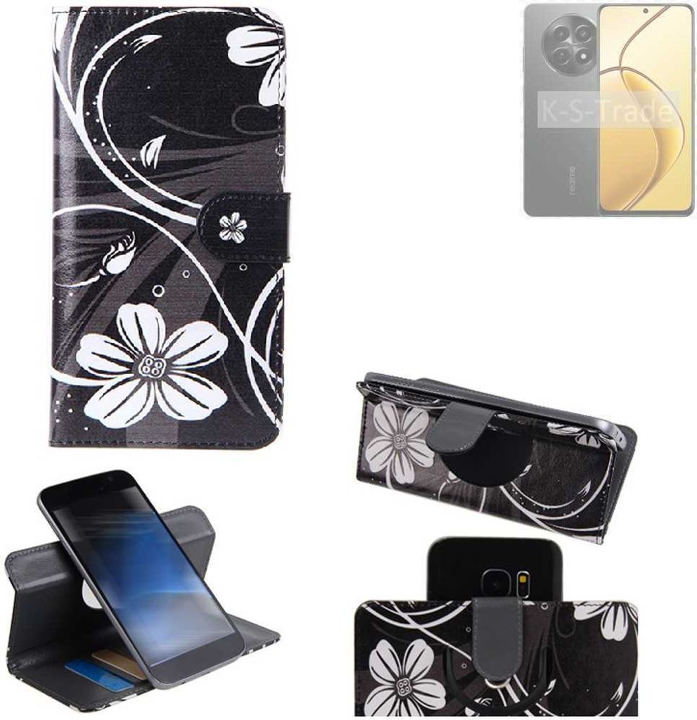 K-S-Trade Schutzhülle Handyhülle kompatibel mit Realme C65 5G Hülle 360° Wallet Case “Flowers“ Klapphülle Hülle schwarz-weiß 1x