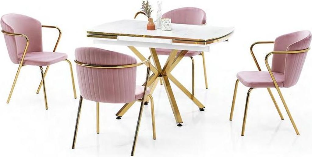 Esszimmer Set Esstisch Ausziehtisch Weißer Marmor Stühle Rosa Edelstahl 5tlg