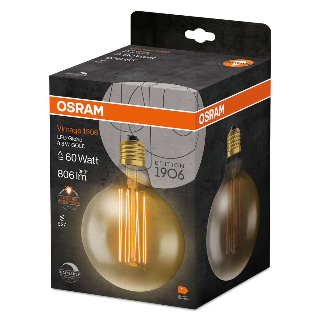 Ampoule LED Globe E27 Vintage Osram 1906 Diamètre 125mm Dorée Chaude