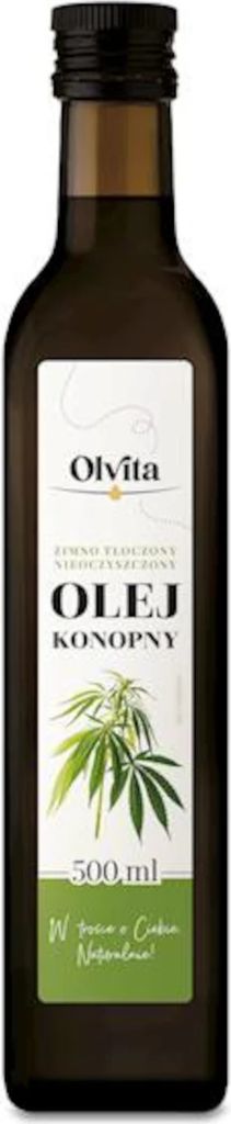 A bottle of Olvita hemp oil with a label showing hemp leaves.