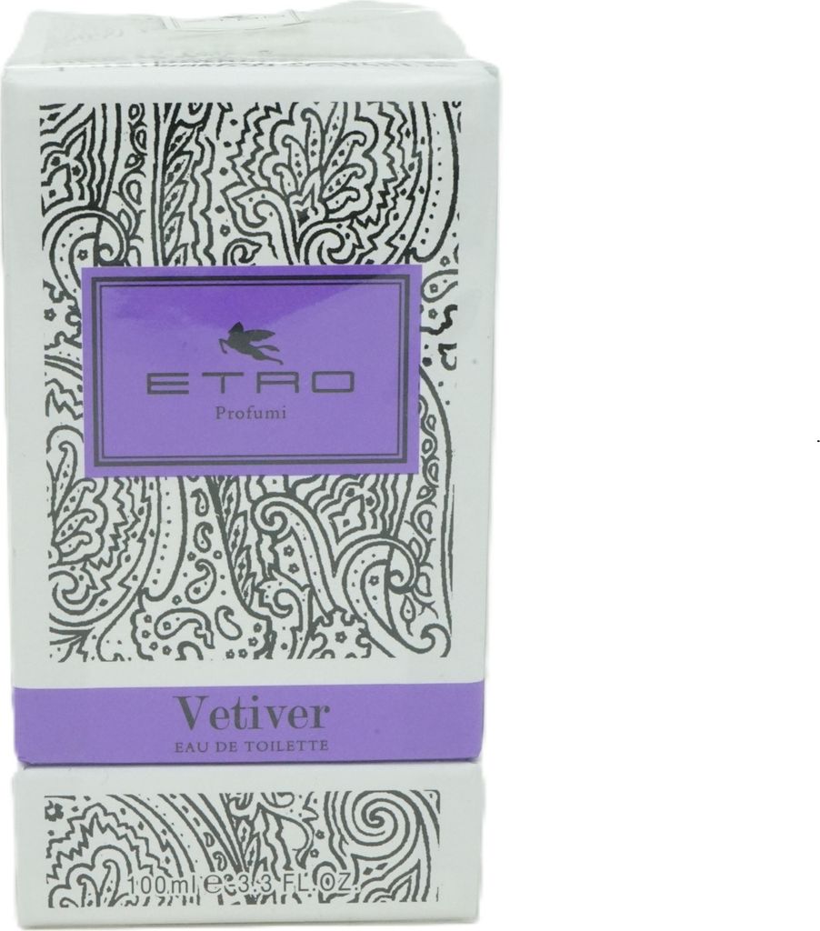 A product shot of an Etro Vetiver Eau de Toilette perfume box.