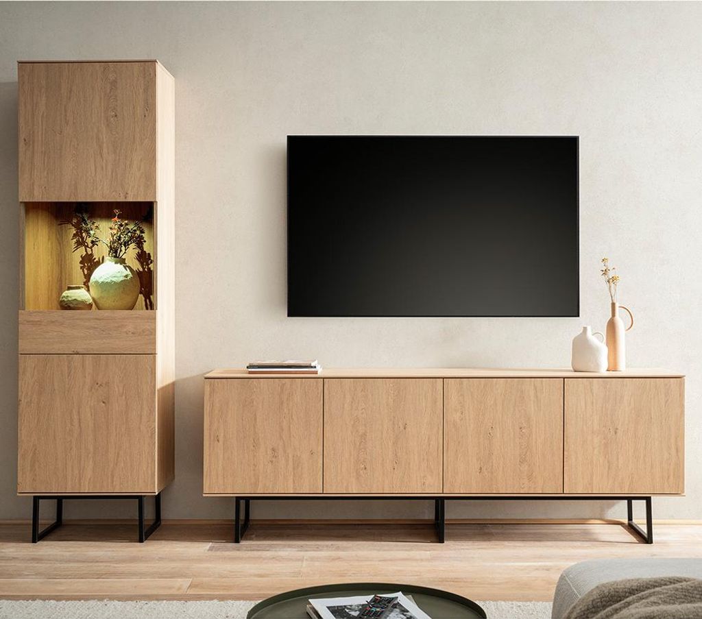 Wohnwand in Eiche mit 200 cm Lowboard & Vitrinenschrank inkl. Beleuchtung, Metallgestelle, 2-teilig - KASOL-61