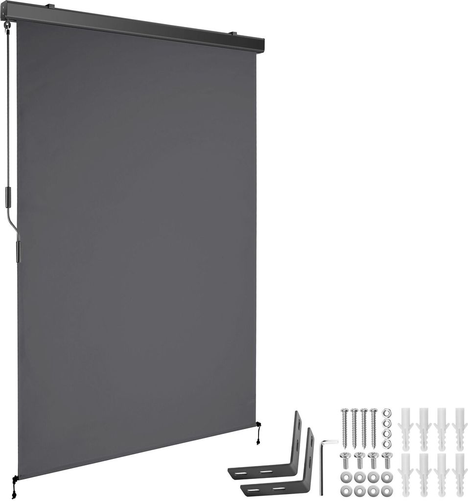 A dark gray roller blind is shown, mounted on a dark gray bar. Below the blind, to the right, are mounting brackets and hardware.