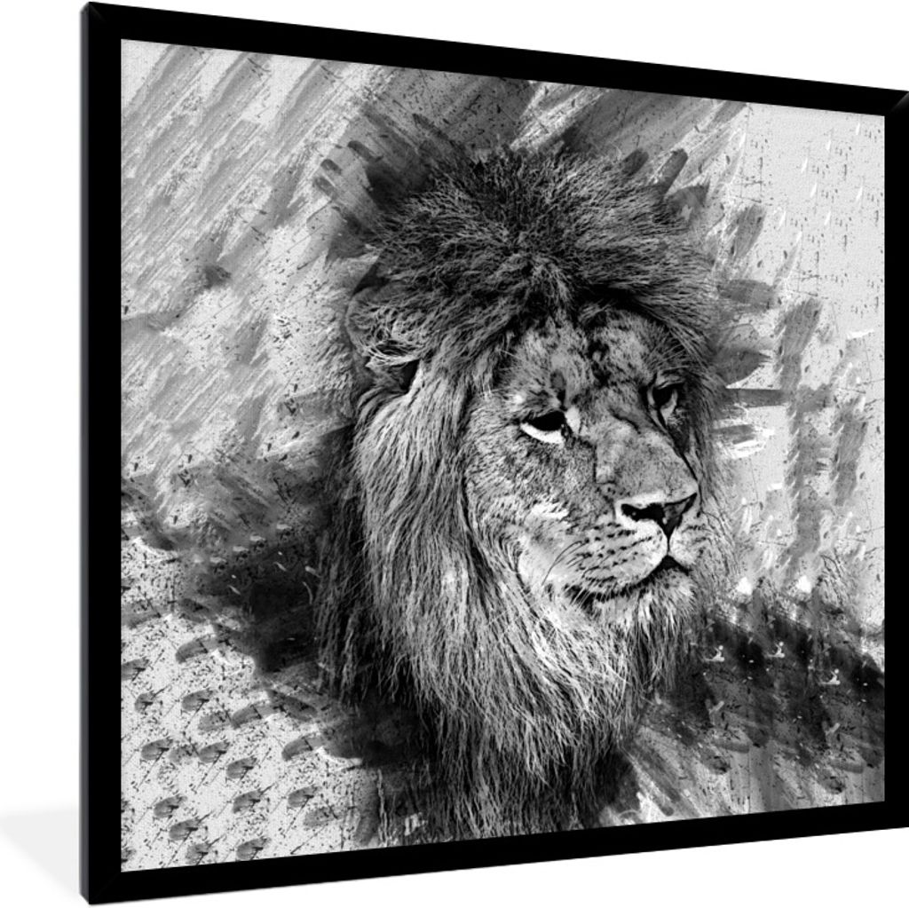 MuchoWow Gerahmtes Poster Löwe - Muster - Schwarz - Weiß 40x40 cm - Poster mit Schwarzem Bilderrahmen Wandposter Rahmen Foto Bilder - Mit Rahme...