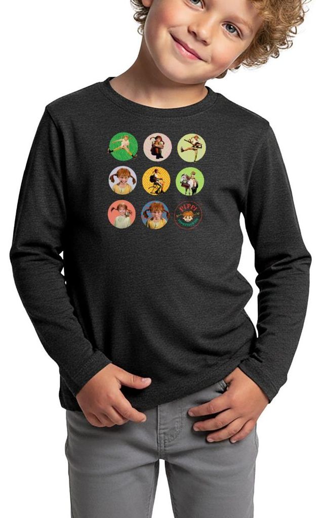 Spreadshirt Pippi Langstrumpf Bilder Von Pippi In Kreisen Kinder Premium Langarmshirt, 122/128 (6 Jahre), Anthrazit meliert