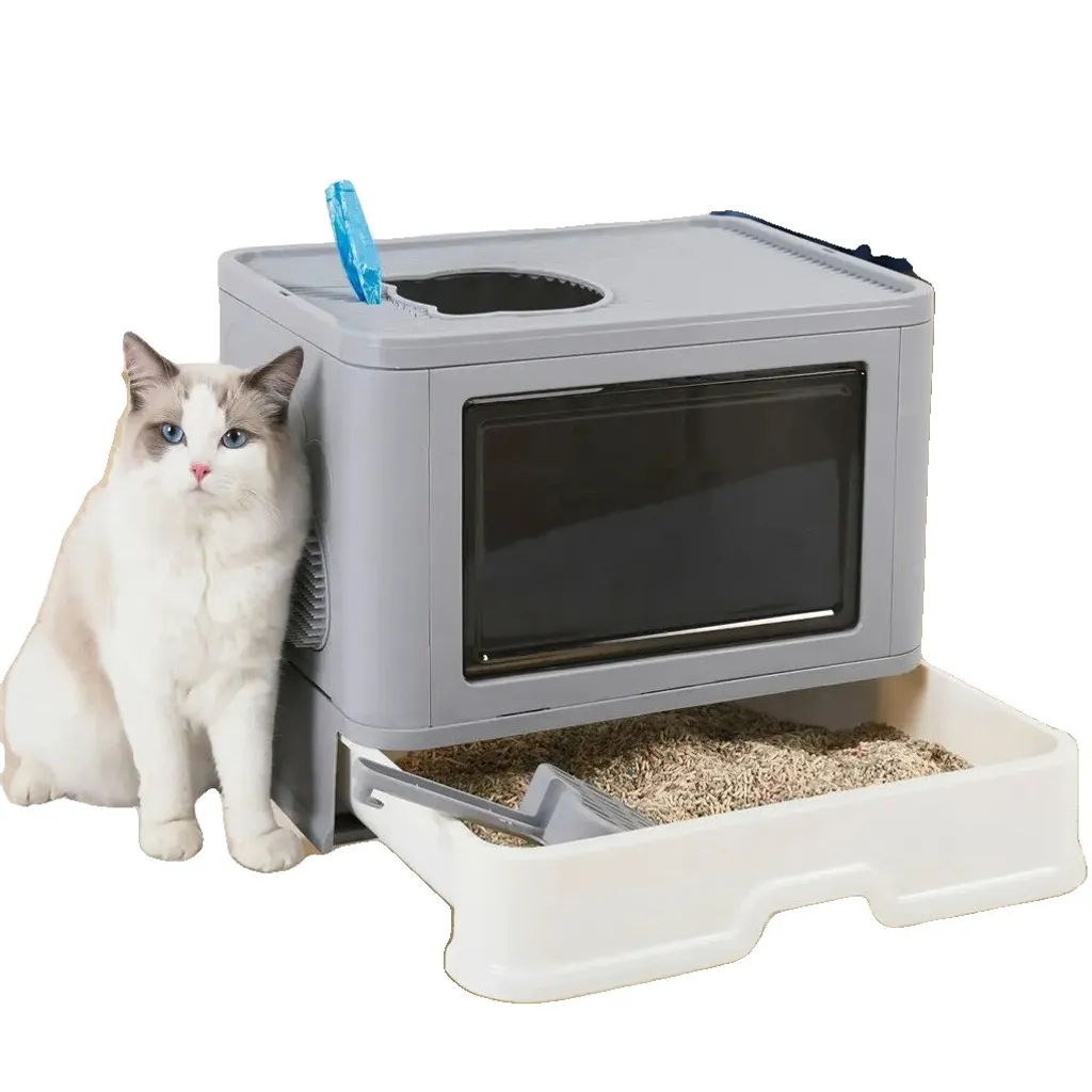 Bac à litière pliable XL avec entrée avant et sortie par le haut, Gris