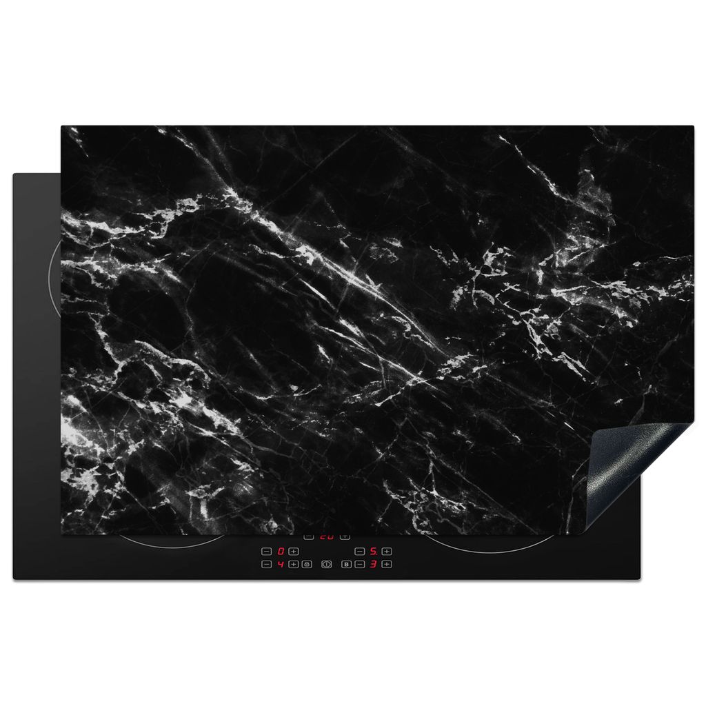 KitchenYeah Herdabdeckplatte Marmor - Weiß - Schwarz - Strukturiert , 80x52cm, Küche Deko, Glaskeramikkochfeld Herdabdeckung, Abdeckplatte fùr...