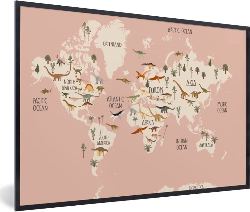 MuchoWow Gerahmtes Poster Weltkarte - Kinderzimmer - Dino's - Mädchen - Kinder - Rosa 30x20 cm - Poster mit Schwarzem Bilderrahmen Wandposter Ra...