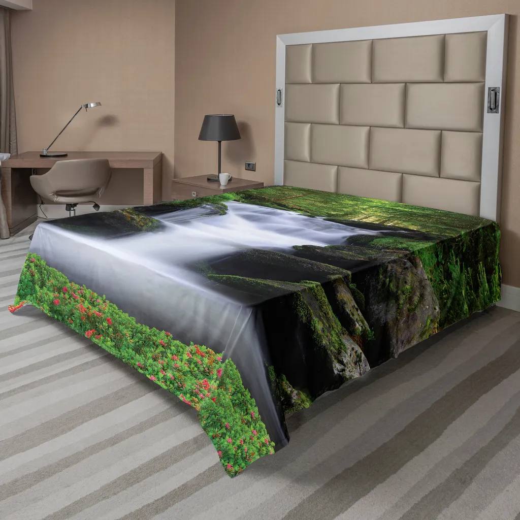 Drap Plat Décoratif Motif Paysage Cascade Vert et Blanc 260x228 cm