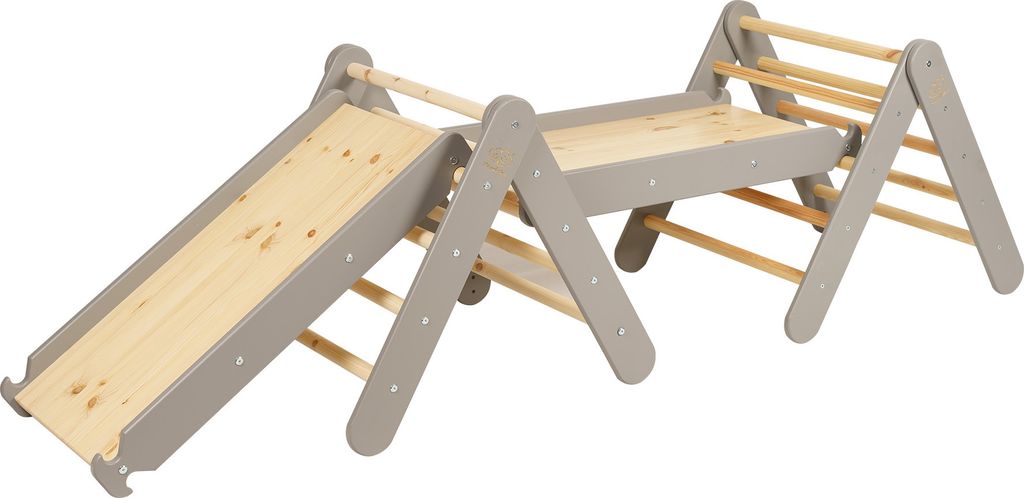 MEOWBABY Klettergerüst für Kinder - Indoor Set zwei Kletterdreiecke mit zwei Rutschen/Kletterwänden, Montessori Spielgeräte Pikler aus Holz, Grau