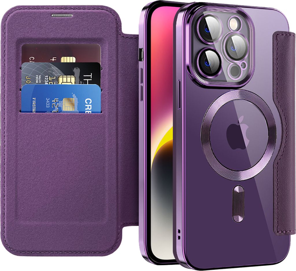 Klapphülle für iPhone 14 Pro Kompatibel mit Magsafe, Klar Überzug Kartenhalter Ledertasche mit Kameraschutz Lila
