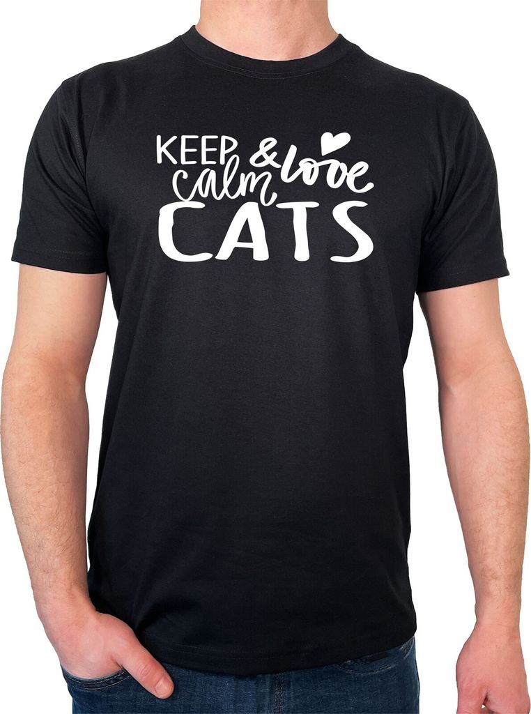 Huuraa Herren T-Shirt Keep calm and love Cats Geschenk Größe S Black Bio Baumwolle Fairtrade Keep calm and Mode