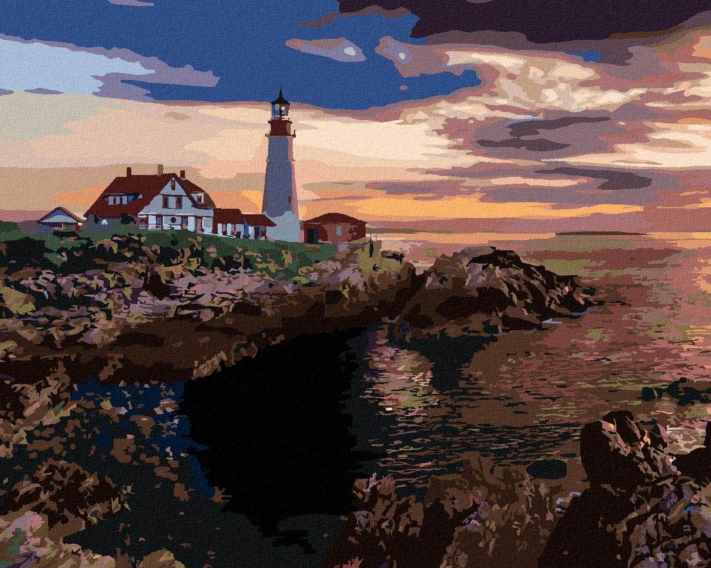 Zuty - Malen nach Zahlen - LEUCHTTURM UND SONNENUNTERGANG, USA (TED DAVIS), 40x50 cm, mit Keilrahmen (bereits gespannt)