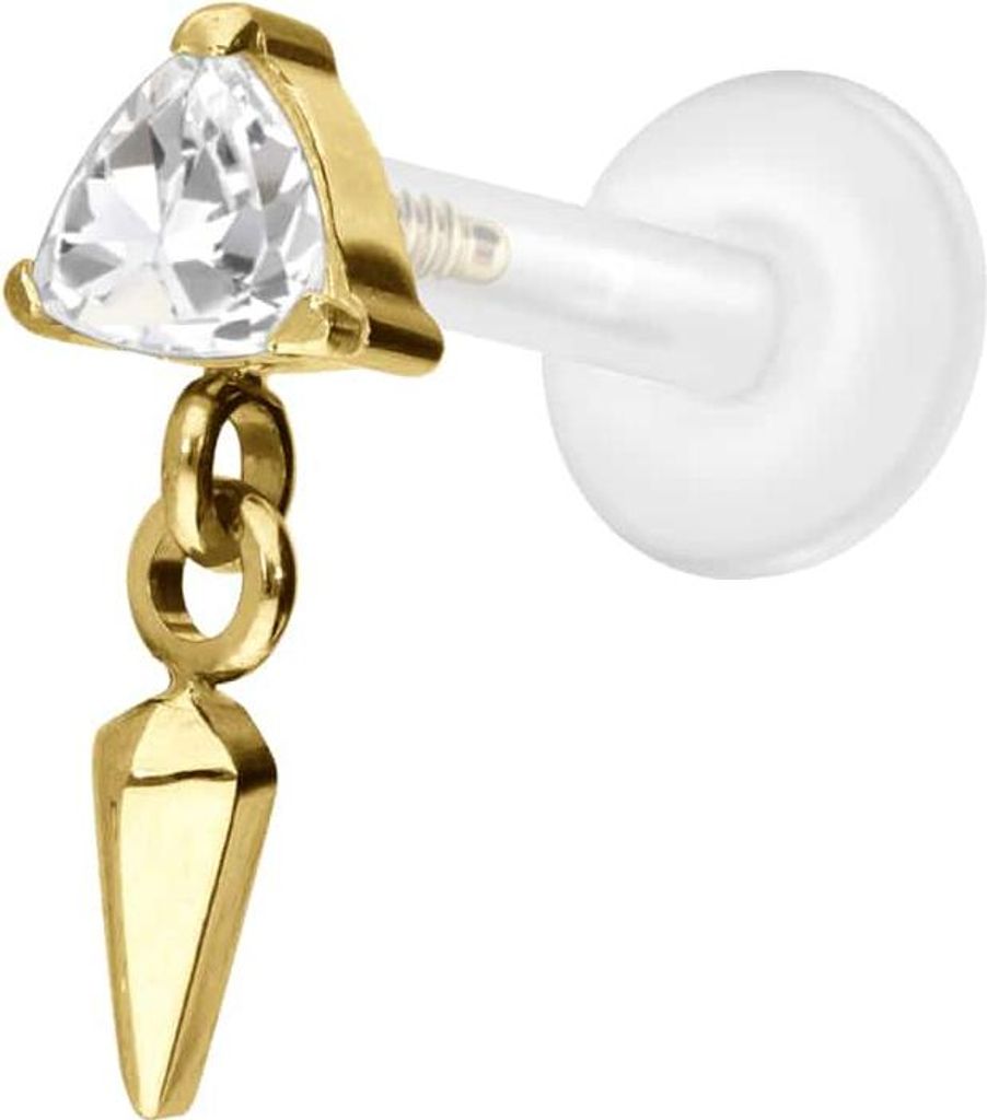Ohrpiercing, Nasenpiercing PTFE Labret mit Innengewinde + Titan-Aufsatz KRISTALLDREIECK + SPITZE Gold Stablänge: 7mm | Stabstärke: 1,2mm