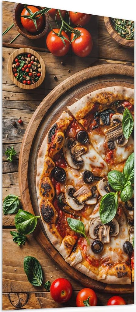 Glasbild 50x100cm in XXL für Wohnzimmer, Schlafzimmer Motiv Holztisch Pizza