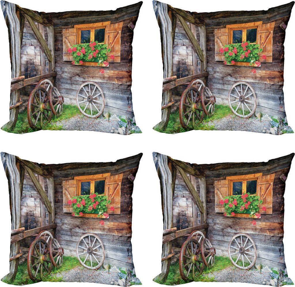 ABAKUHAUS Rollladen Kissenbezug Set (4 Stück), Urlaub auf dem Bauernhof Land, Moderner Doppelseitiger Digitaldruck, 60 cm x 60 cm, Braun, Grün, Rot