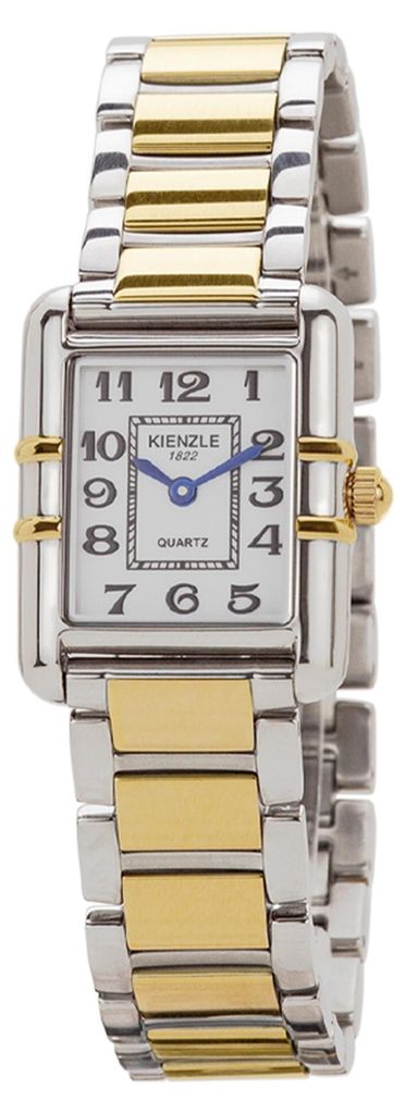 Kienzle Damen Armbanduhr Quarz rechteckiges Edelstahlgehäuse IP Gold Silber 30x24 mm Weißes Zifferblatt schwarze arabische Ziffern blaue Zeiger 50 m