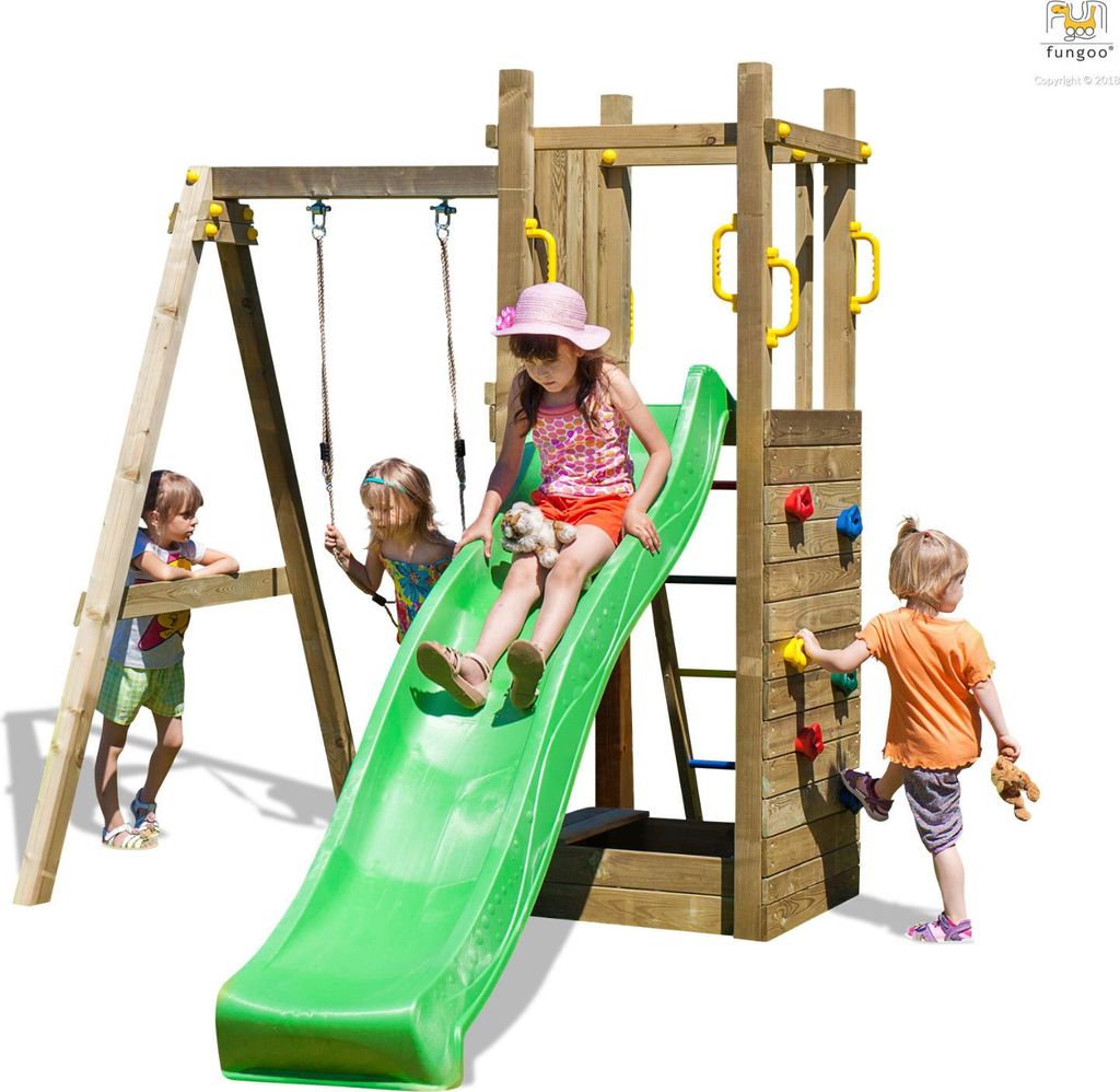 Fungoo Spielturm "Funny 3" natur mit Schaukel, Rutsche, Sandkasten und Kletterwand