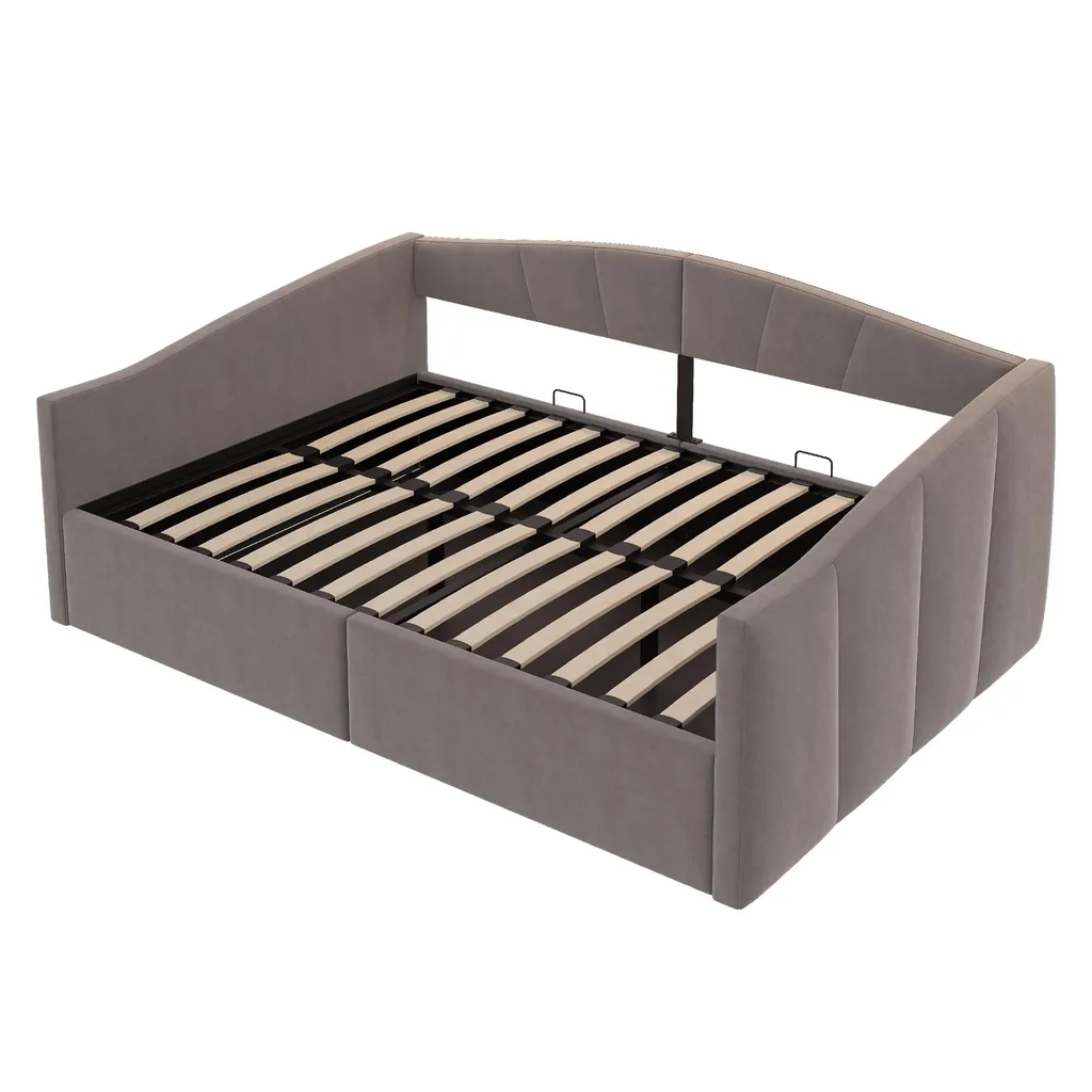 Lit coffre hydraulique 140x200 cm gris avec accoudoirs et rayures chic
