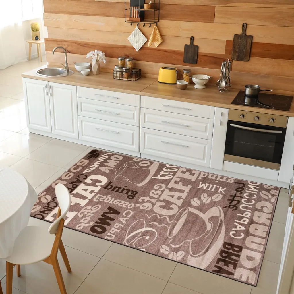 Tapis de sol cuisine thématique Café Design Moderne Marron et Beige
